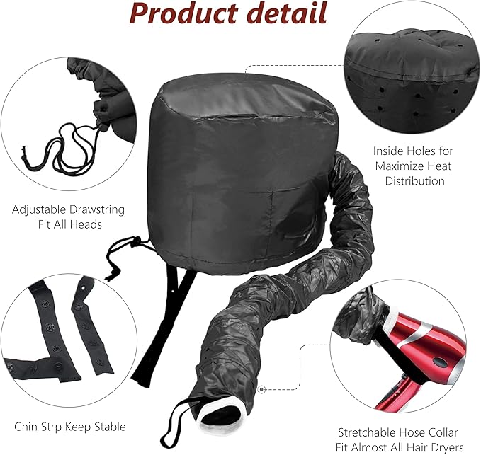 Hair Dryer Bonnet Accessories Adjustable Portable Hooded Hair Dryer for Hair Styling, Hair Color, Hair Condition and More - Black