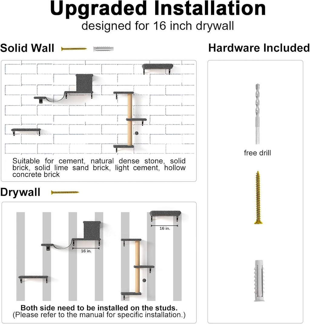 FUKUMARU Cat Wall Shelves, Stable & Safe 4 in 1 Cat Furniture Set, Wooden Climbing Wall with Scratching Post for 16 Inch Drywall - Gray