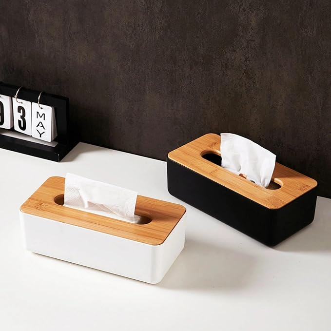 Tissue Box with Bamboo Cover, Plastic Tissue Organizer, Bathroom Tissue Dispenser for Home, Bedroom, Office, Living Room, 8.1 × 4.5 × 3.1 in (White)
