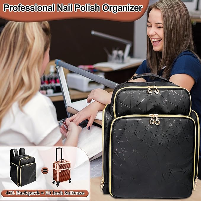 Nail Polish Organizer Backpack Holds 126 Bottles& Nail Lamp, Extra Large Nail Kit Supplies Organizer Bag with 3 Removable Cases, Portable Nail Organizers and Storage for Trave (Elegant Black)