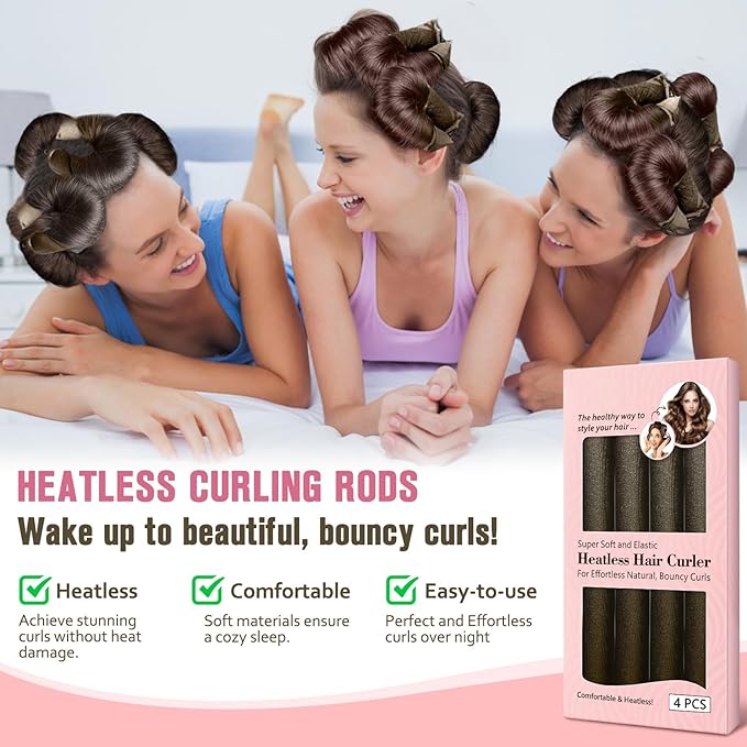 Heatless Curls Overnight, 4 Pcs No Heat Curling Blowout Rod, Satin Blowout Look Heatless Hair Rollers, Soft Flexi Rods for Big Curls to Sleep In