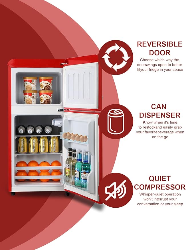 Mini Fridge With Freezer,Refrigerator With 2 Doors,7- Level Adjustable Thermostat, Removable Glass Shelves For Bedroom, Office, Kitchen, Apartment, Dorm, 3.5 Cu. Ft Red