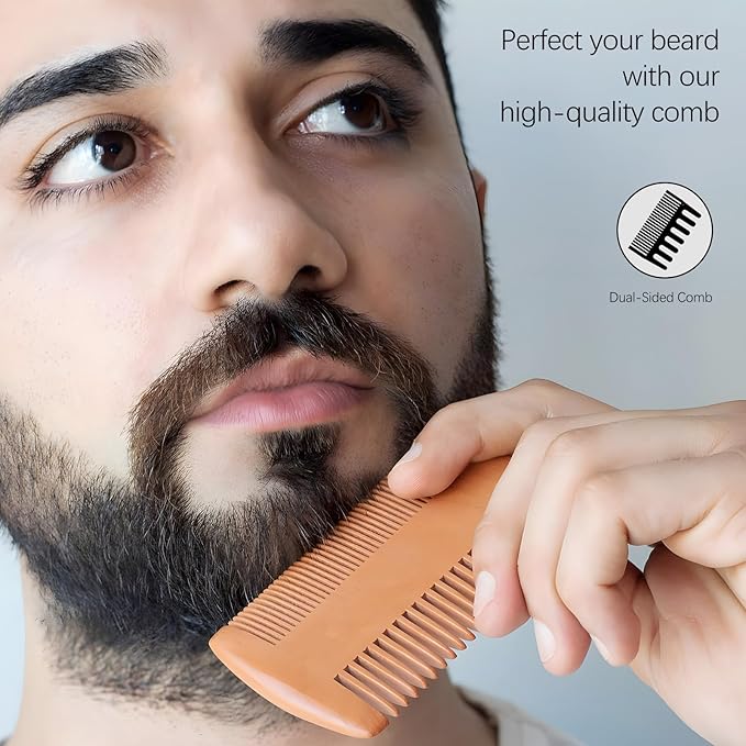 Wooden Beard Comb Kit, Dual Action Fine & Coarse Teeth, Wood Color and Black Pocket Comb for Beards & Mustaches & Hair Grooming Care (2 Pack)