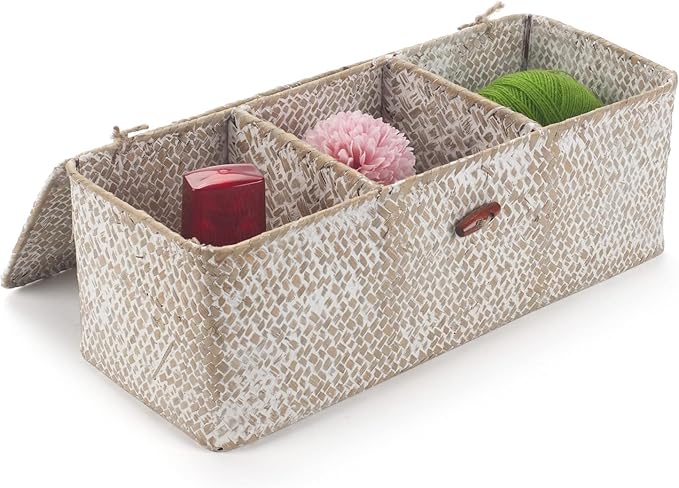 Seagrass Storage Basket for Bathroom - Wicker Toilet Tank Basket with Lid - Woven Storage Box for Organizing (Whitewash, 13" x 5" x 4.3")
