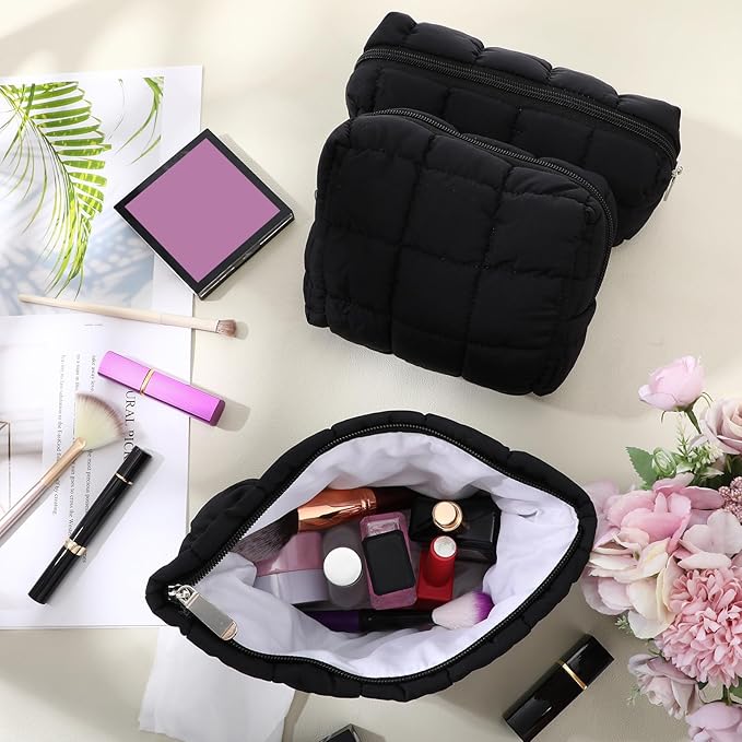 3 Pcs Puffy Makeup Bag Quilted Cosmetic Pouch for Women Cute Checkered Travel Toiletry Bag Puffer Makeup Organizer Purse Pouch Preppy Pencil Case with Zipper(Black)