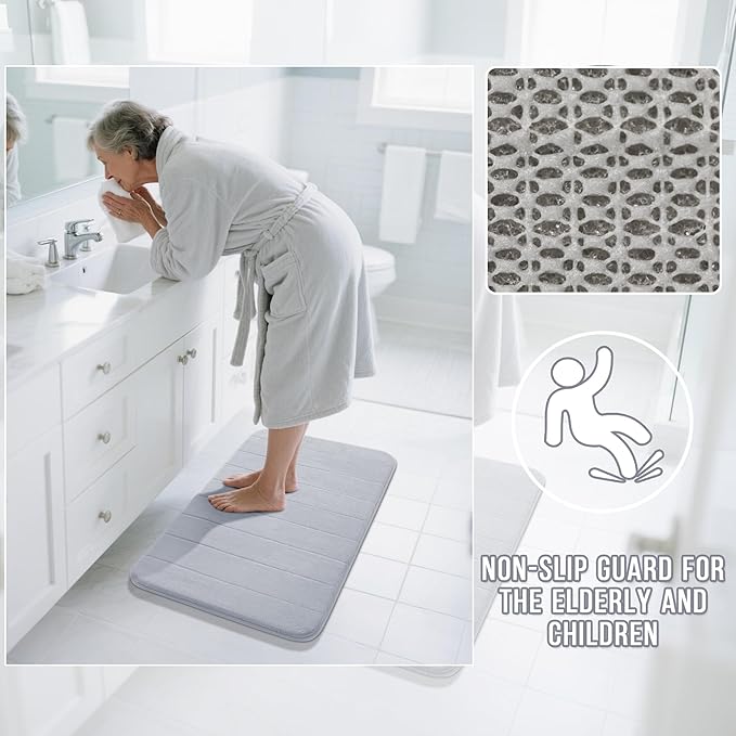 Yimobra U-Shaped Toilet Bath Mat Set 2 Piece - Super Soft Absorbent Quick Dry Memory Foam Bathroom Rugs, Machine Washable Non Slip Floor Carpet for Tub Shower & Single Sink (17x24 & 24x20, Silver)