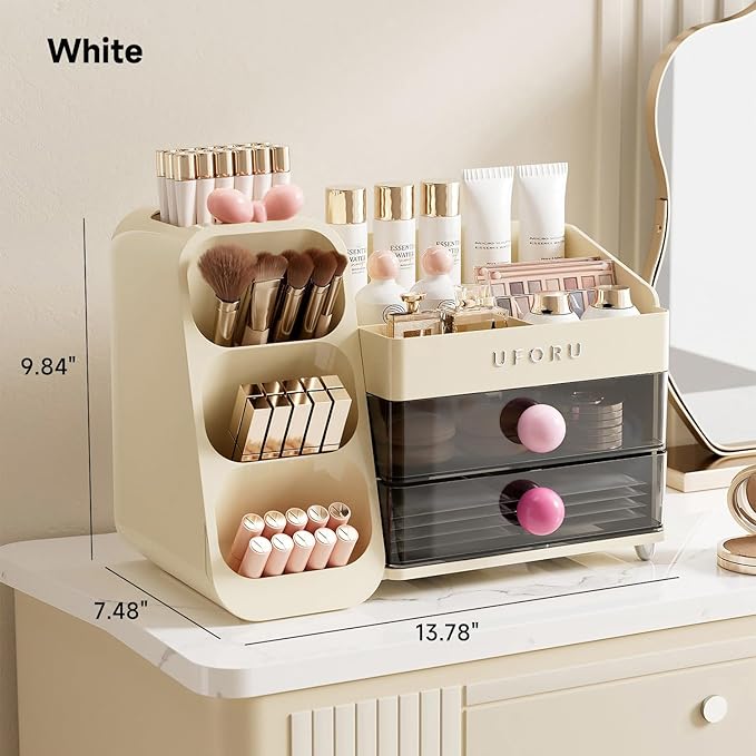 Makeup Organizer for Vanity with Brush Holder, Countertop Skincare Organizer with 2 Drawers, Spacious Cosmetic Display Case for Perfumes, Eyeshadow Palettes, Nail Polishes