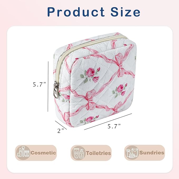 Small Quilted Cosmetic Pouch for Purse, Mini Cotton Makeup Bag with Compartments, Cute Zipper Lipstick Holder for Women (09Pink Bow)