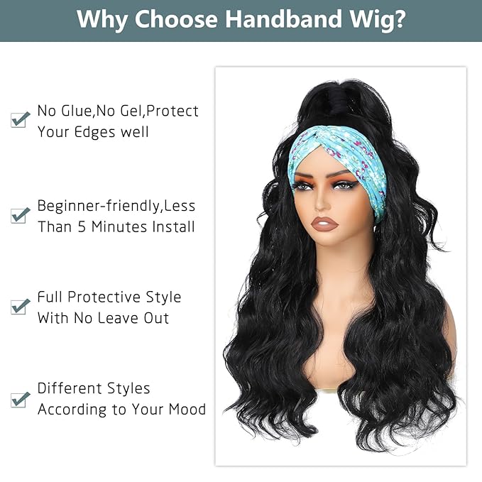 xccoco Black HeadBand Wigs for Women Long Wavy Headband Wigs 24inch Put On and Go Glueless Half Wig Loose Wave Synthetic Long Wigs for Women 200% Density