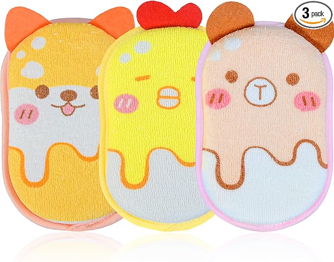 Baby and Kids Bath Loofah Sponge, Soft and Absorbent Toddler Exfoliating Body Scrubber Shower Loofa Sponge,Cute Pattern Design for Kids Baby Women Boys and Girl, 3 Pack (Bear/Dog/Chick)