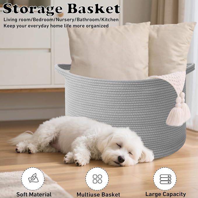 65L Large Blanket Basket,19.7" L x 19.7" W x 13" H Rope Woven Baskets with Handles, Toys Storage Bins,Laundry Basket Perfect for Living Room, Nursery,Bedroom,Home Organization,Light Gry