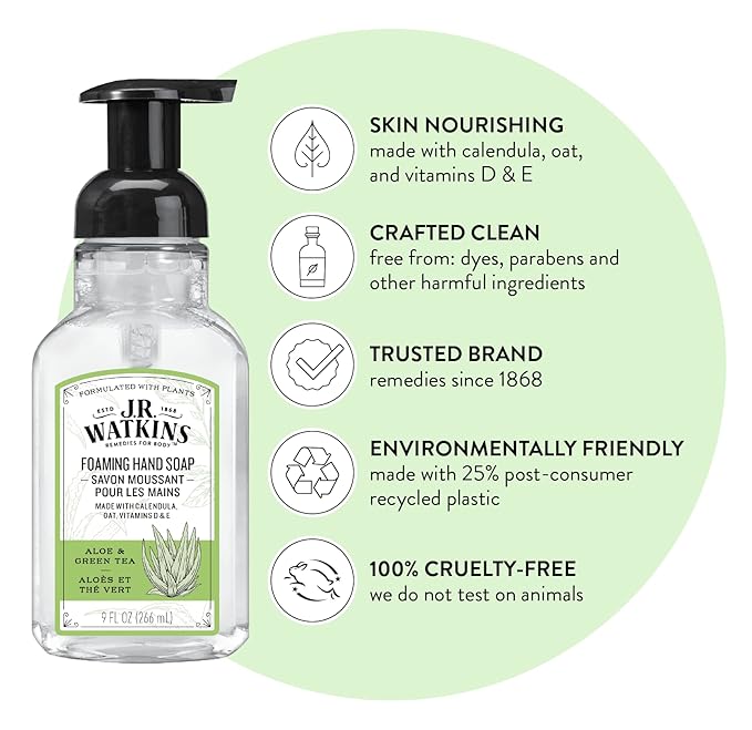 J.R. Watkins Foaming Hand Soap with Pump Dispenser, Moisturizing Foam Hand Wash, Alcohol-Free, Cruelty-Free, Aloe et The Vert/Aloe & Green Tea, 9 fl oz, 3 Pack