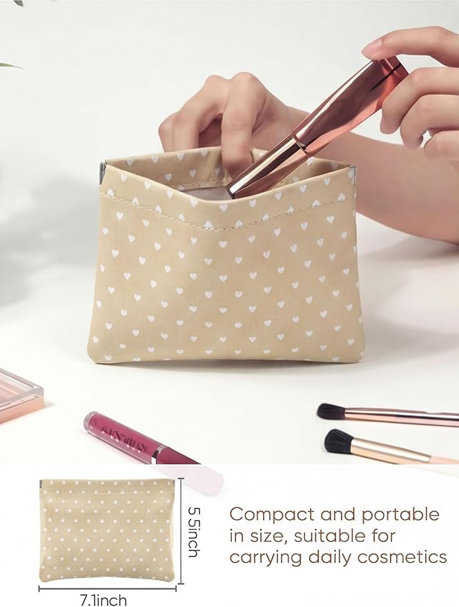 Hearts Leather Makeup Pouch Set for Women Small Make Up Bag for Purse Waterproof Initial Makeup Cosmetic Bags Pouches for Purse Aesthetic Travel Toiletry Bag,Light Brown
