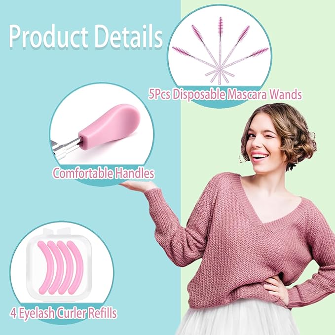 BenePoint Eyelash Curler, Lash Curler with Bonus 4Pcs Replacement Lash Pads& 5Pcs Eyelash Spoolies, Portable Travel Lash Curler for Eyelash Extension (Pink)