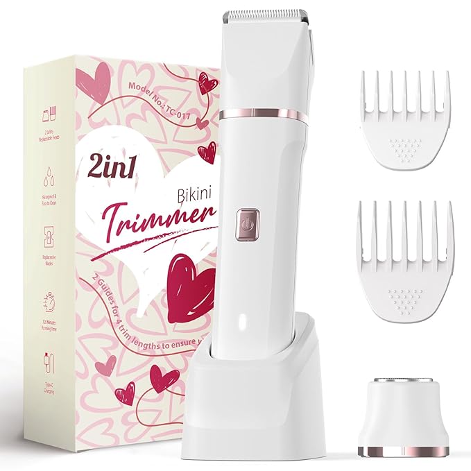 Pubic Hair Trimmer for Women - Electric Razors for Women's Body Groomer, Replaceable Ceramic Blade Heads, Face Hair Remover Head, USB-C&Dock Charging, Waterproof&Easy Cleaning White