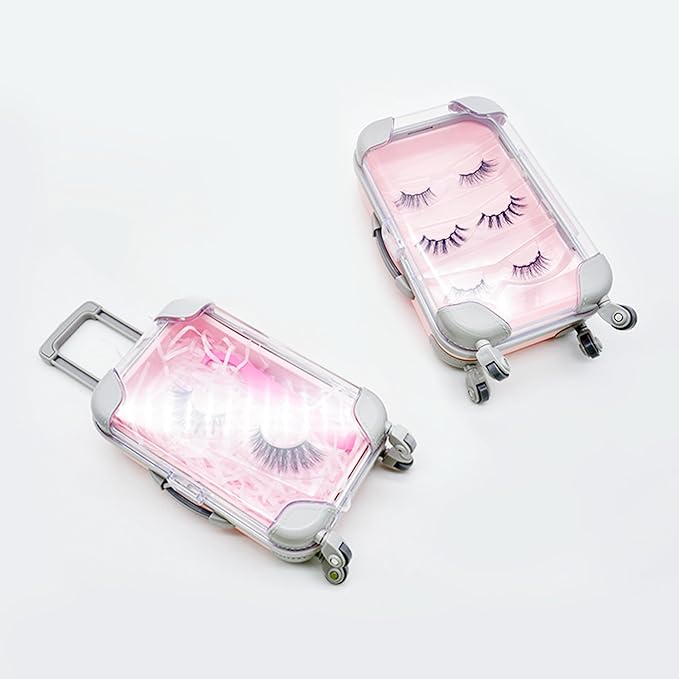 False Eyelash Storage Box, Portable Travel Organizer Mini Luggage False Eyelash Tray Makeup Tool (PINK)
