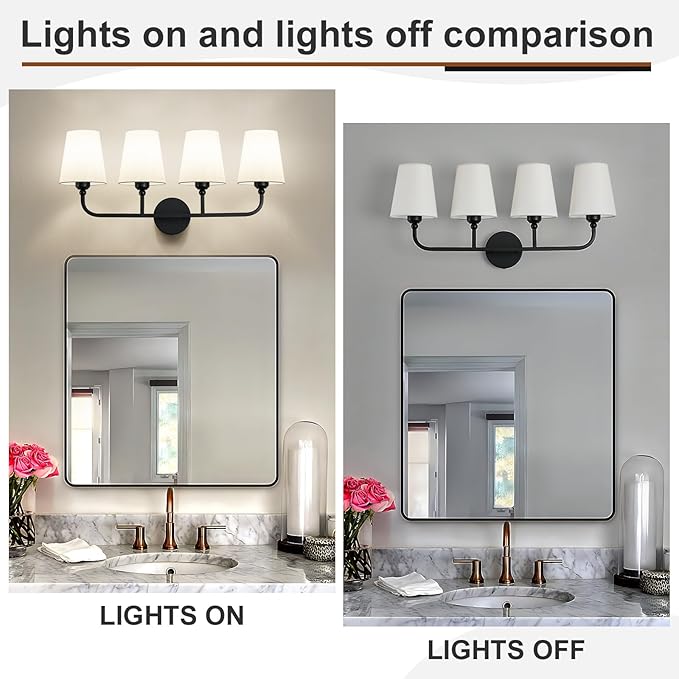 Bathroom Vanity Light, Matte Black Bathroom Light Fixtures, 4-Light Lighting Fixtures Over Mirror, Modern Wall Sconce with Flared White Fabric Shade, E26 Socket(ETL Listed)