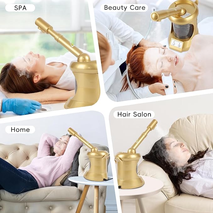 Facial Steamer, Nano Ionic Face Steamer with Extendable Arm for Deep Cleaning and Hydration, 360°Rotating Nozzle Face Humidifier, Portable Ozone Steamer for Beauty, Spa and Home Use（Golden）