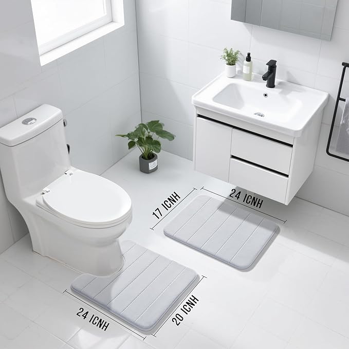 Yimobra U-Shaped Toilet Bath Mat Set 2 Piece - Super Soft Absorbent Quick Dry Memory Foam Bathroom Rugs, Machine Washable Non Slip Floor Carpet for Tub Shower & Single Sink (17x24 & 24x20, Silver)