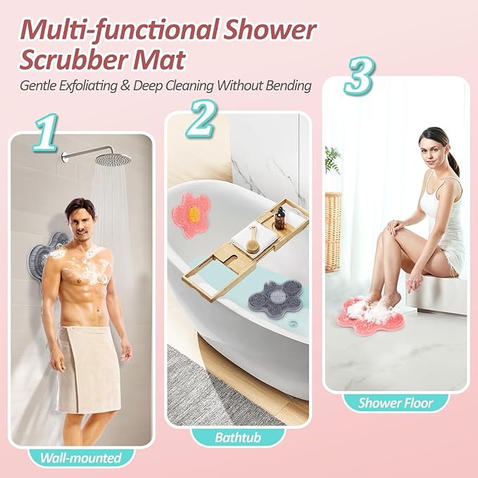 Upgrade Silicone Shower Foot Scrubber Mat & Silicone Body Scrubber Set, Large Wall-Mounted Back Scrubber Back Washer to Clean, Exfoliate and Massage Without Bending(Pink+Body Scrubber)