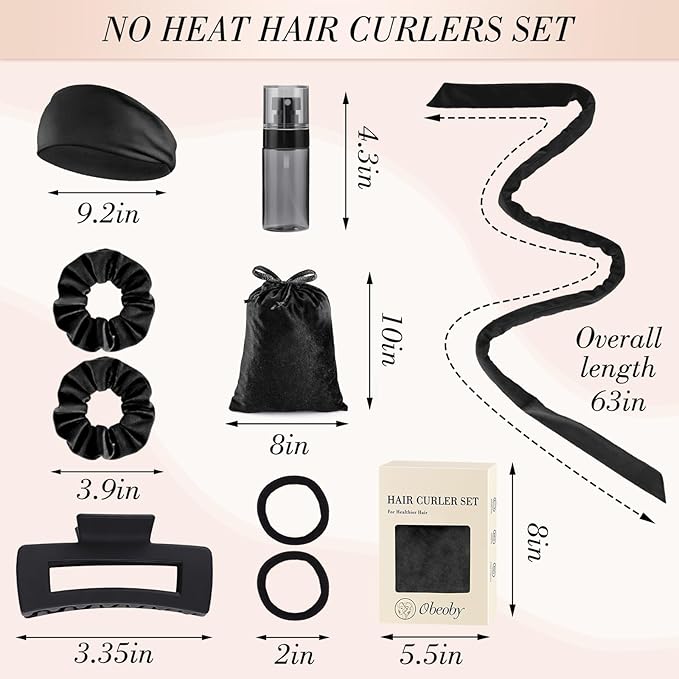 Obeoby Heatless Curls Overnight Set, No Heat Hair Curlers To Sleep In, Hair Rollers with Scrunchies and Clips for Women Long & Short Hair, black