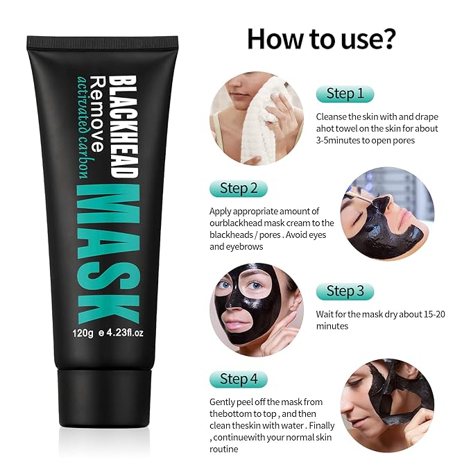 Peel Off Face Mask Blackhead Whiteheads Remover Masks Activated Charcoal Black Mask Purifying Peeling Facial Mask for Nose Pores Removal Cleansing Acne with Brush and Pimple Extractor Tools