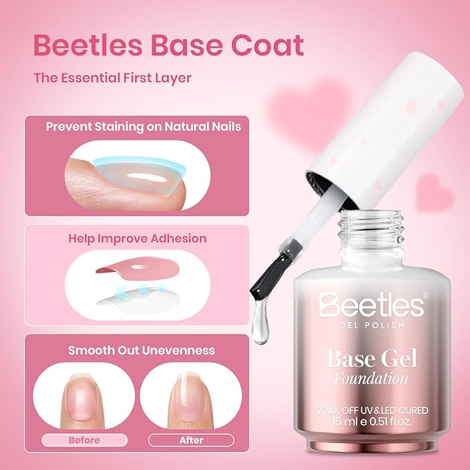 Beetles Gel Base and Top Coat Set, 2Pcs 15ml No Wipe Top Coat Gel Nail Polish & Strong Adhesion Base Coat Long Lasting UV Lamp Needed Nail Art Design Manicure Gifts for Women