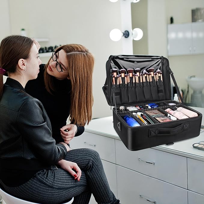 Relavel Extra Large Makeup Case, Professional Makeup Artist Bag Double Layer Compartment Cosmetic Travel Organizer Bag Makeup Brush Storage Holder with Adjustable Dividers and Shoulder Strap, Black