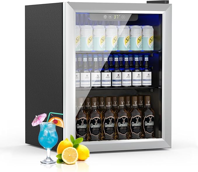 Stopasd Beverage Refrigerator Cooler, 1.6 Cu.Ft/70 Can Drink Fridge with Adjustable Shelves for Soda Wine Beer, Quiet Undercounter Small Fridge for Home/Office/Bar/Garage(37-61 ℉), Sliver