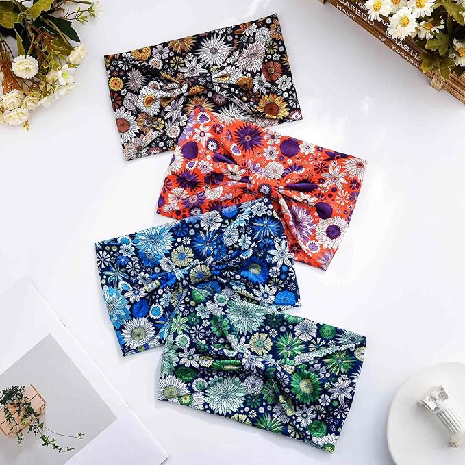 Olbye Wide Boho Headbands Floral Stretch Head Wraps Bohemian African Turban Hairbands Knotted Bandana Headband Yoga Running Head Scarfs Workout Hair Accessories for Women 4Pcs (Floral, 9.4 * 5.9'')