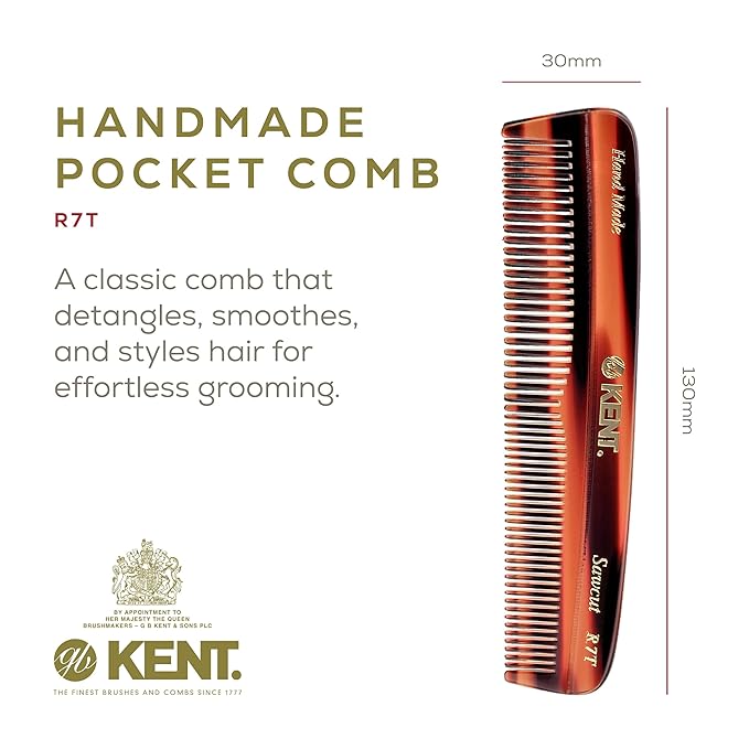 Kent R7T Double Tooth Hair Pocket Comb, Small Coarse/Wide Comb for Hair, Beard, and Mustache Grooming for Men, Women, and Kids - Saw Cut, Hand Polished, Handmade in England