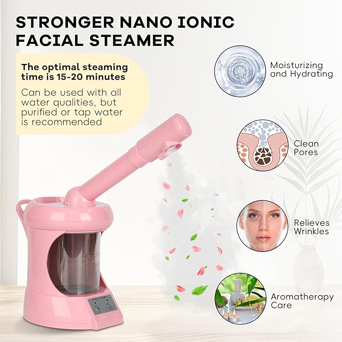 Facial Steamer Nano Ionic Face Steamer with Extendable Arm, Portable Face Steamer for Facial Deep Cleaning, Steamer for Facial for Personal Care at Home or Salon（Pink）