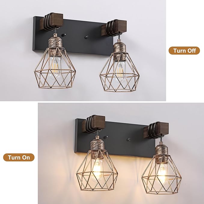 Farmhouse Bathroom Vanity Light Fixtures, 2-Light Wood Bathroom Light Fixtures Over Mirror, Rustic Sconces Wall Lighting with Elegant Metal Lampshade for Living Room, Bedroom, Hallway