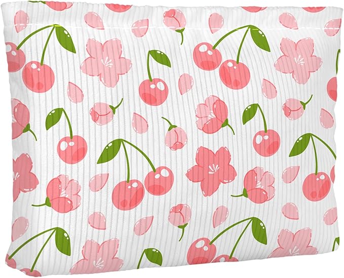 Cute Red Pink Cherry Floral Makeup Pouch for Women Small Make Up Cherries Bag for Purse Zipper Initial Makeup Cosmetic Bags Pouches for Purse Aesthetic Travel Toiletry Bags