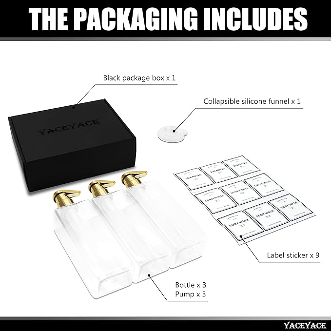 Shampoo Dispenser Bottles with Gold Pump, YACEYACE 16.9oz Set of 3 Clear Shampoo and Conditioner Dispenser, Mordern Shower Bottles Refillable with Labels