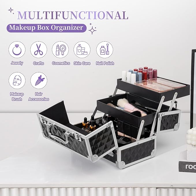 Leeora&Leekoo Makeup Train Case Cosmetic Box Portable Makeup Case Organizer 2 Trays Makeup Storage with Mirror for Cosmetologist Aesthetic Supplies Nail Tech Traveling Makeup Box (Watercube)