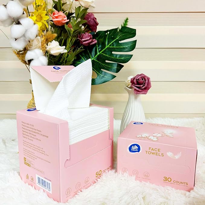 Vinda Clean Face Towels Disposable - Makeup Remover Wipes Sensitive Skin - Dry Face Wipes for Women Men Cleansing - Face Wash Cloths with XL Size - 50 Count