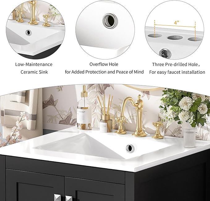 Bellemave 24" Bathroom Vanity with Sink Combo Set, Solid Wood Frame Bathroom Storage Cabinet with a Drawer, 2 Soft Closing Cabinet Doors with Organizer, Black
