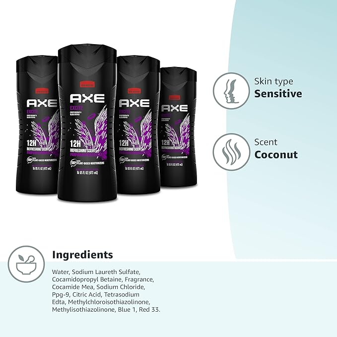AXE Body Wash 12h Refreshing Scent Excite Crisp Coconut & Black Pepper Men's Body Wash with 100% Plant-Based Moisturizers 16 oz,(Pack of 8)