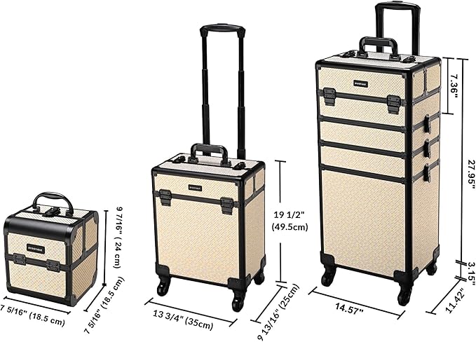 BYOOTIQUE Rolling Makeup Train Case on Wheels 3-Piece Hairdressing Brush Bags Cosmetology Art Deco Pastel