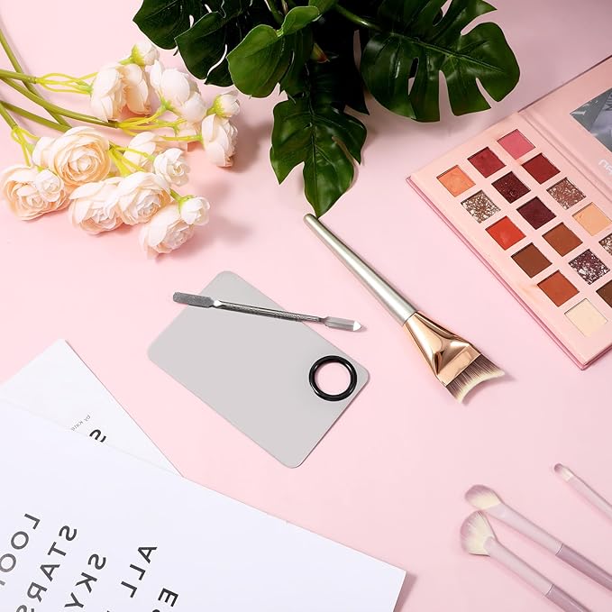 Makeup Mixing Palette, Stainless Steel Cosmetic Makeup Palette with Spatula and Brush Make Up Artist Foundatio Tool for Facial Cosmetic, Nail Art, Pigment Blending