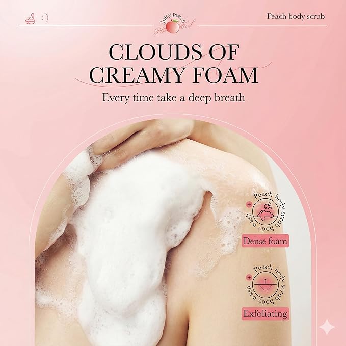 Peach Exfoliating Body Wash - [300ml] Hydrating Shower Gel with Natural Scrub - Sweet Peach Scented Body Polish for Soft Smooth Skin - Mild Daily Cleanser for Dryness