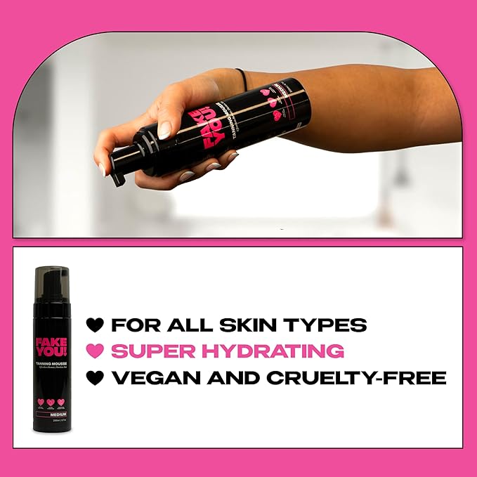 Fake You! Tanning Mousse – Lightweight Self Tan Mousse for a Natural-Looking, Streak-Free Glow – Hydrating Self Tan for All Skin Types – Medium Shade – 200ml