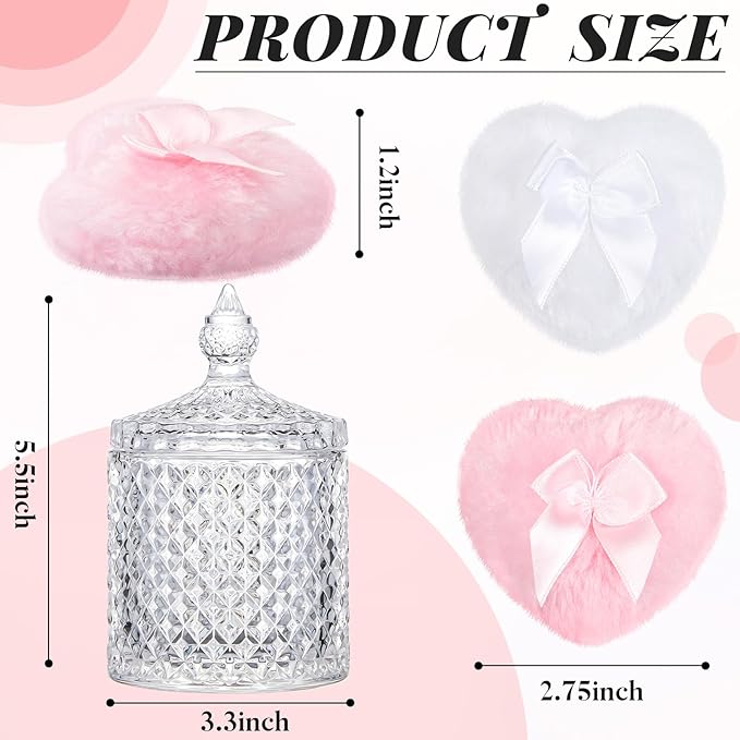 Tioncy 3 Pcs Large Body Powder Puff and Container Valentine's Day gift Powder Container with Puff Crystal Case Soft Washable Reusable Velour Face Body Glitter Wet Dry Makeup(Cylinder,Clear)
