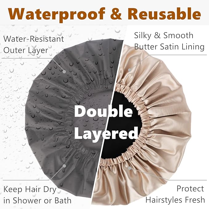 Adjustable Shower Caps for Women Reusable Waterproof Satin Lining Large Shower Cap for Women and Men Long Hair Braids Curly Hair (L,Black/Champagne)