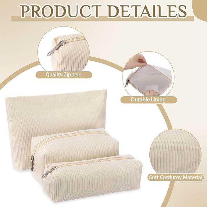 3 Pcs Makeup Bag Set for Women Corduroy Cosmetic Pouch Aesthetic Smile Travel Toiletry Bag Cute Purse Pouch Pencil Case Makeup Brushes Storage Organizer with Zipper(White,Solid Style)