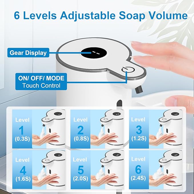 Automatic Foaming Soap Dispenser Touchless, USB Rechargeable Smart Hand Soap Dispenser, 6-Level Adjustable, 12.8oz/380mL Wall Mounted for Bathroom Kitchen Dish Soap-White
