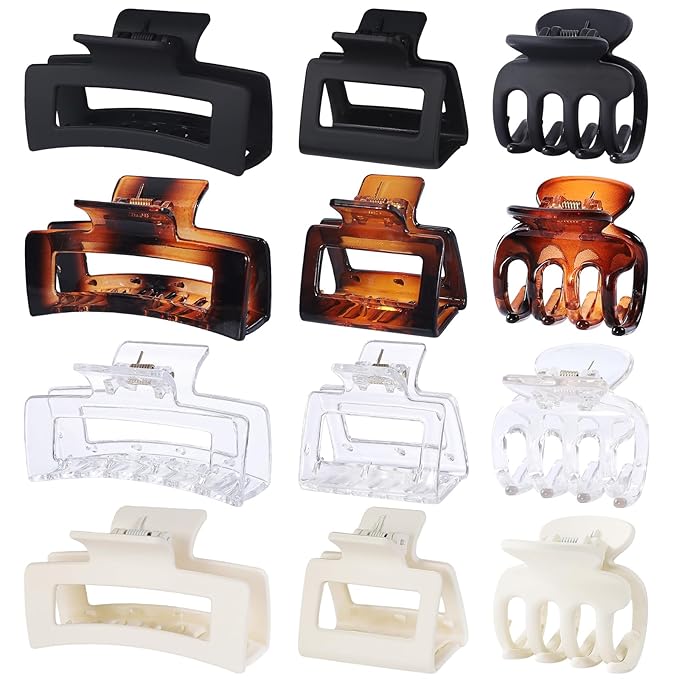 12 Pcs Hair Clips for Women 3 Styles Small Medium Large Claw Clips for Thin Thick Curly Hair, Strong Hold Hair Claw Clips, Stylish Plastic Hair Accessories Ideal Gifts for Women (Transparent)