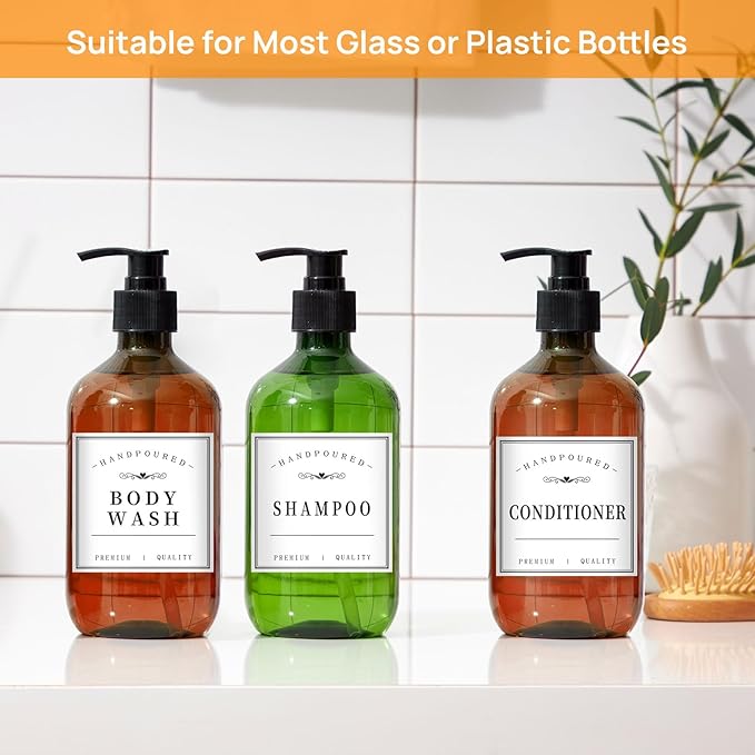 12PCS Bathroom Labels for Bottles,Minimalist Bathroom Organization Labels,Waterproof Bottle Labels for Shampoo Conditioner Body Wash(White)