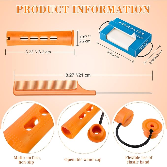 WILLBOND Hair Styling Kit: 48 Hair Perm Rods Plastic Cold Wave Rods, 2 Steel Pintail Combs, 350 Perm Papers, 6 Duck Bill Clips for Hairdressing Styling(Orange)
